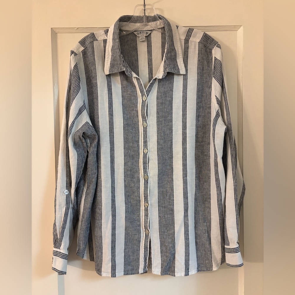Orvis Linen Blend Striped Button Down Shirt Women’s XL Coastal Resort
